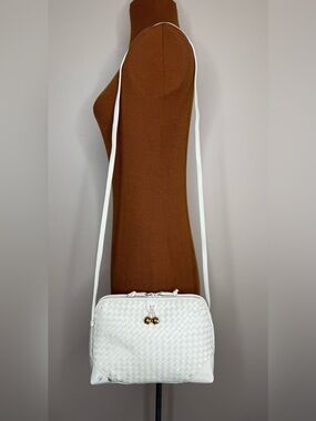 Ganson Ivory Woven Leather Shoulder Bag with Gold Accent Closure